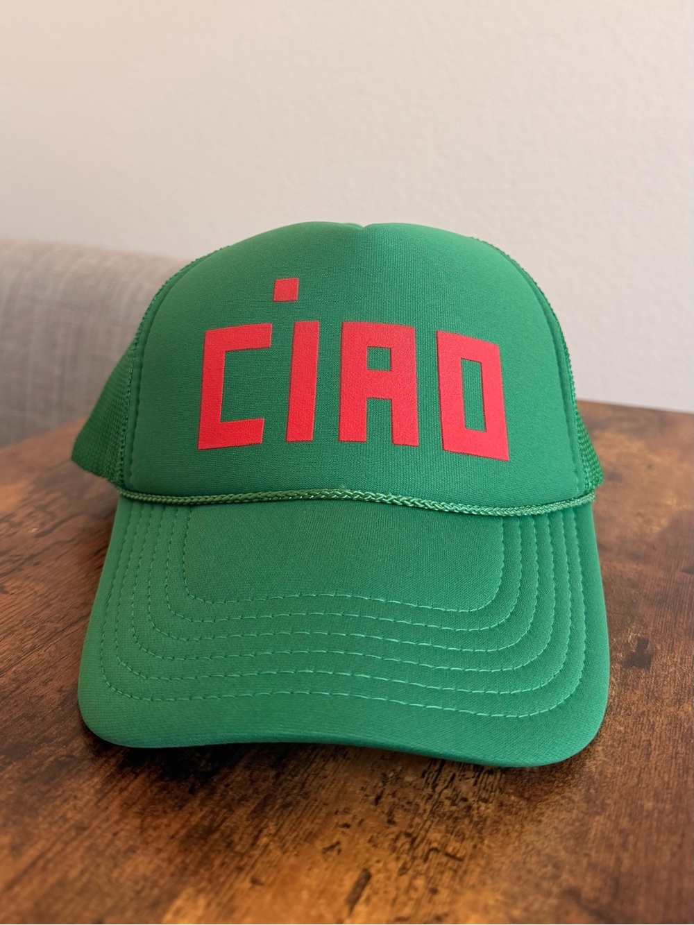 Green 'CIAO' Clare V Trucker Hat in Red Text